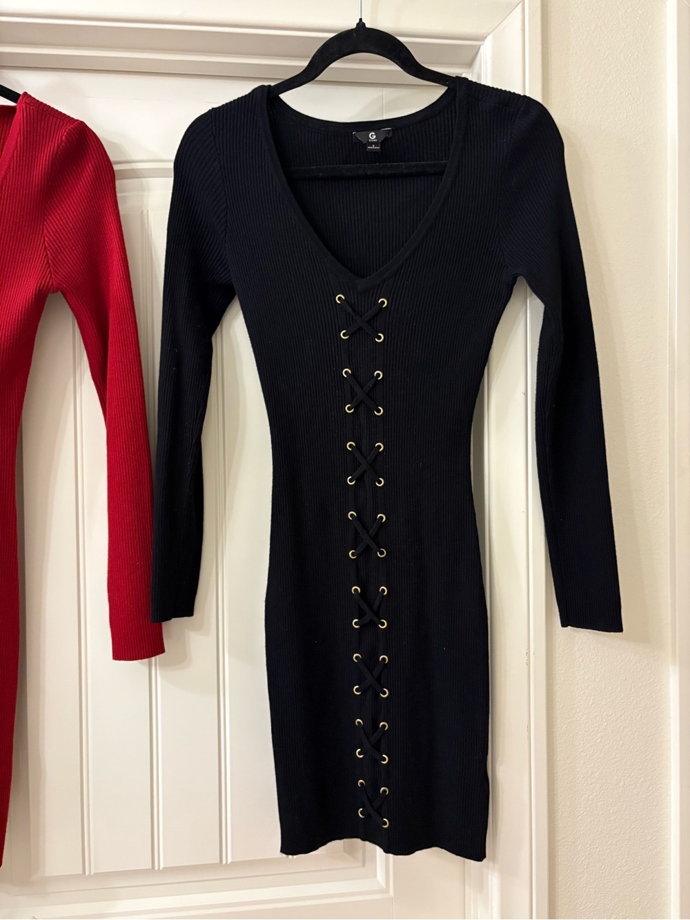 Guess Black Long-Sleeve Ribbed Lace-Up Bodycon Dress